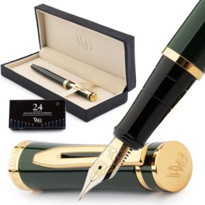 Wordsworth & Black Fountain Pen Set, 18K Gilded Medium Nib, Includes 24 Pack Ink Cartridges, Ink Refill Converter & Gift Box, Gold Finish,...