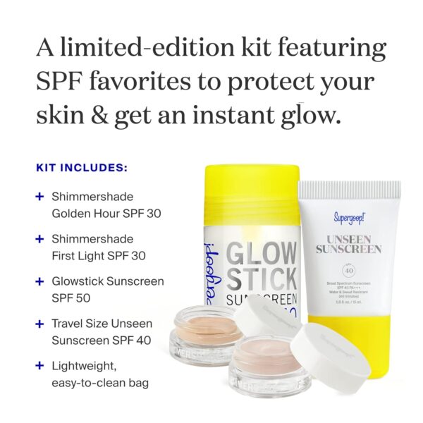 Supergoop! Favorites Kit - Unseen Sunscreen (0.5 fl oz), Glow Stick (1.23 oz), First Light Shimmershade & Golden Hour Shimmershade - Makes a Great Gift - Image 2