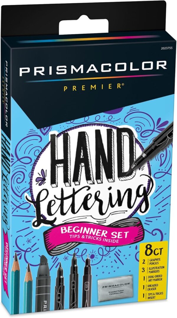 Prismacolor Premier Beginner Hand Lettering Set With Illustration Markers, Art Markers, Pencils, Eraser And Tips Pamphlet, Adult Coloring, 8 Count