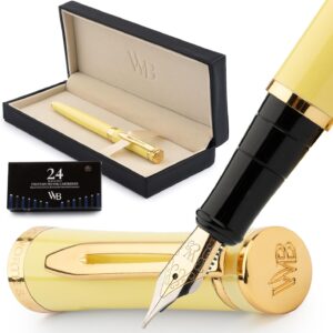 Wordsworth & Black Fountain Pen Set, 18K Gilded Medium Nib, Includes 24 Pack Ink Cartridges, Ink Refill Converter & Gift Box, Gold Finish, Calligraphy, [Yellow], Perfect for Men & Women