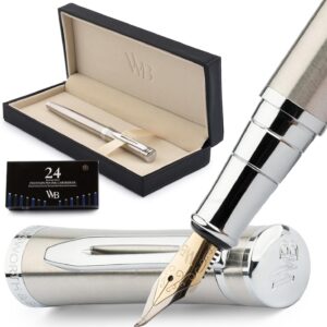 Wordsworth & Black Fountain Pen Set, Bent Nib, Includes 24 Pack Ink Cartridges, Ink Refill Converter & Gift Box, Chrome Finish, Calligraphy, [Silver Chrome], Perfect for Men & Women