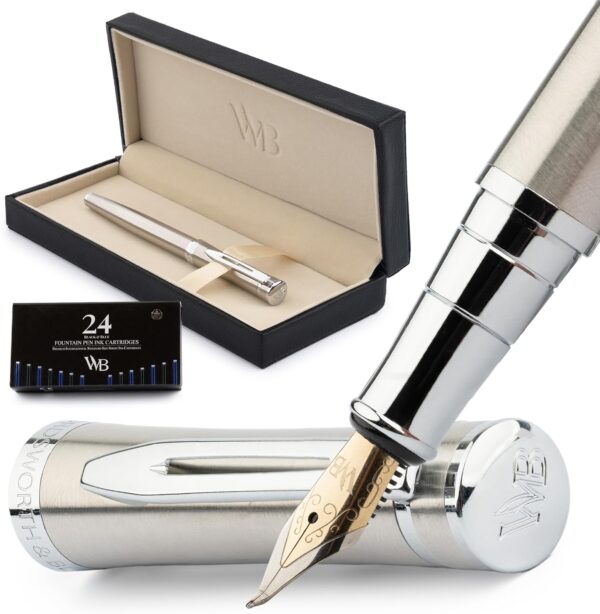 Wordsworth & Black Fountain Pen Set, Bent Nib, Includes 24 Pack Ink Cartridges, Ink Refill Converter & Gift Box, Chrome Finish, Calligraphy, [Silver Chrome], Perfect for Men & Women