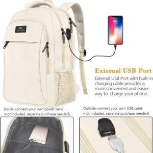 MATEIN Beige Laptop Backpack 15.6 Inch, Lightweight Sturdy Bag for College Supplies with USB Charging Port, Water Resistant Anti Theft Travel Computer Daypack Fashion Work Nurse Bag Gift for Women