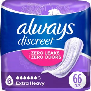 Always Discreet Adult Incontinence & Postpartum Pads for Women, Extra Heavy Overnight Absorbency, Regular Length, 33 Count x 2 Packs (66 Count Total)...