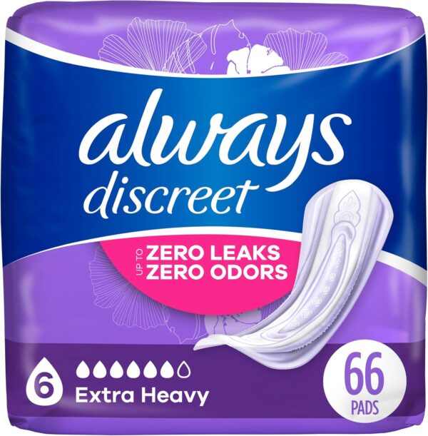 Always Discreet Adult Incontinence & Postpartum Pads for Women, Extra Heavy Overnight Absorbency, Regular Length, 33 Count x 2 Packs (66 Count Total)...