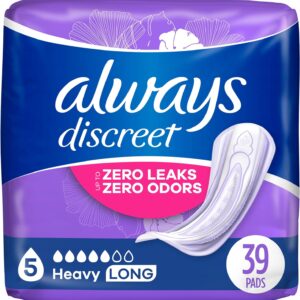 Always Discreet, Incontinence Pads for Women, Maximum, Long Length (Packaging May vary), Purple, 39 Count