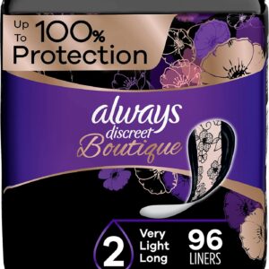 Always Discreet Boutique Adult Incontinence & Postpartum Liners For Women, Size 2, Very Light Absorbency, Long Length, 32 Count x 3 Packs (96 Count...