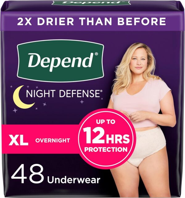 Depend Night Defense Adult Incontinence & Postpartum Bladder Leak Underwear for Women, Disposable, Overnight, Extra-Large, Blush, 48 Count (4 Packs of 12), Packaging May Vary