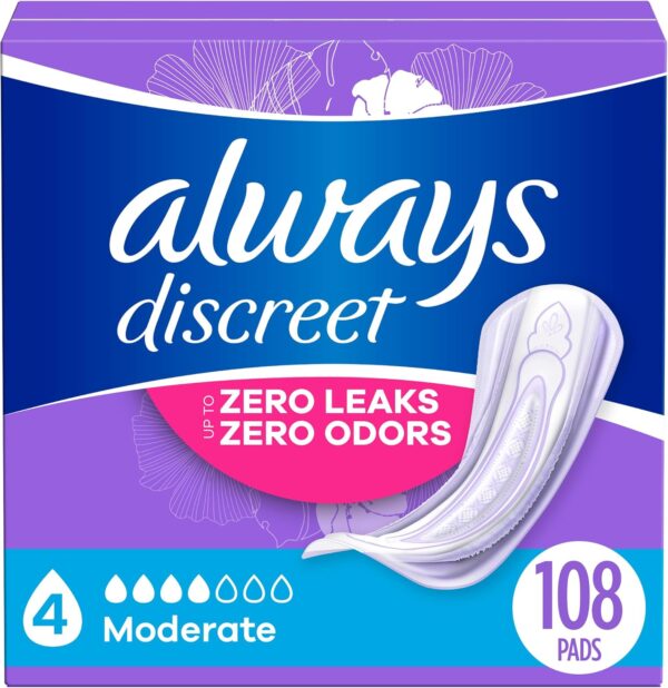 Always Discreet Adult Incontinence Pads for Women, Moderate Absorbency, Regular Length, Postpartum Pads, 108 CT (Packaging May Vary)