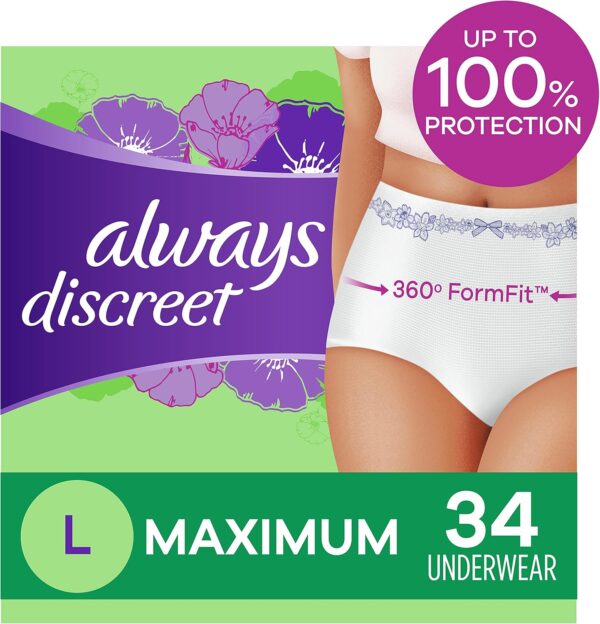 Always Discreet for Sensitive Skin Postpartum Incontinence Underwear, Size L Maximum Absorbency, 34 Count