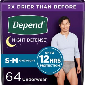 Depend Night Defense Adult Incontinence Underwear for Men, Disposable, Overnight, Small/Medium, Grey, 64 Count (4 Packs of 16), Packaging May Vary