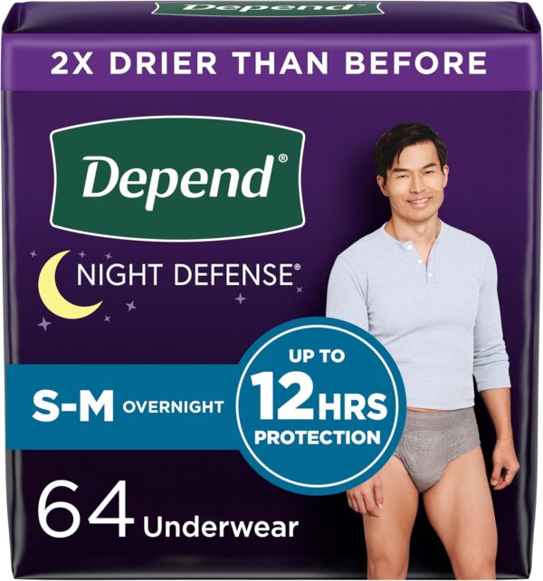 Depend Night Defense Adult Incontinence Underwear for Men, Disposable, Overnight, Small/Medium, Grey, 64 Count (4 Packs of 16), Packaging May Vary