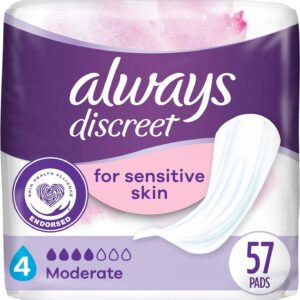 Always Discreet Incontinence Pads for Bladder Leaks Sensitive Skin Pads Moderate Absorbency, 57 Count (Packaging May Vary)