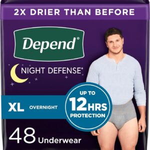 Depend Night Defense Adult Incontinence Underwear for Men, Disposable, Overnight, Extra-Large, Grey, 48 Count (4 Packs of 12), Packaging May Vary