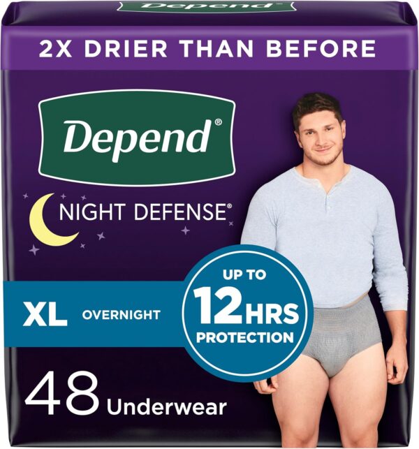 Depend Night Defense Adult Incontinence Underwear for Men, Disposable, Overnight, Extra-Large, Grey, 48 Count (4 Packs of 12), Packaging May Vary