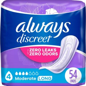 Always Discreet Adult Moderate Long Incontinence Pads, Up to 100% Leak-Free Protection, 54 Count (Packaging May Vary)