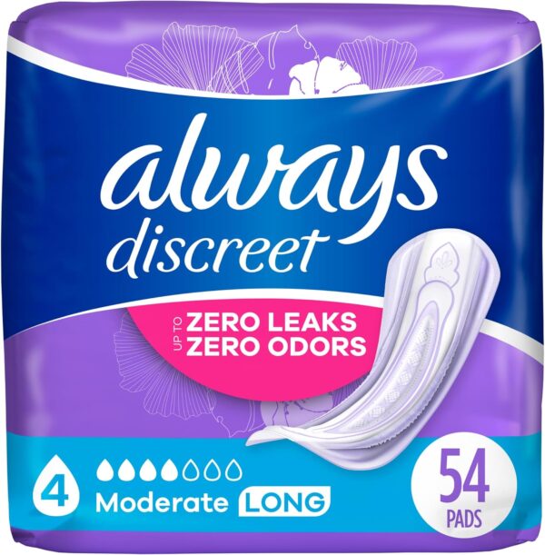 Always Discreet Adult Moderate Long Incontinence Pads, Up to 100% Leak-Free Protection, 54 Count (Packaging May Vary)