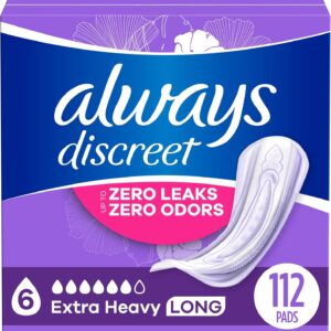 Always Discreet Adult Incontinence Pads for Women, Extra Heavy Absorbency, Long Length, Postpartum Pads, 112 CT