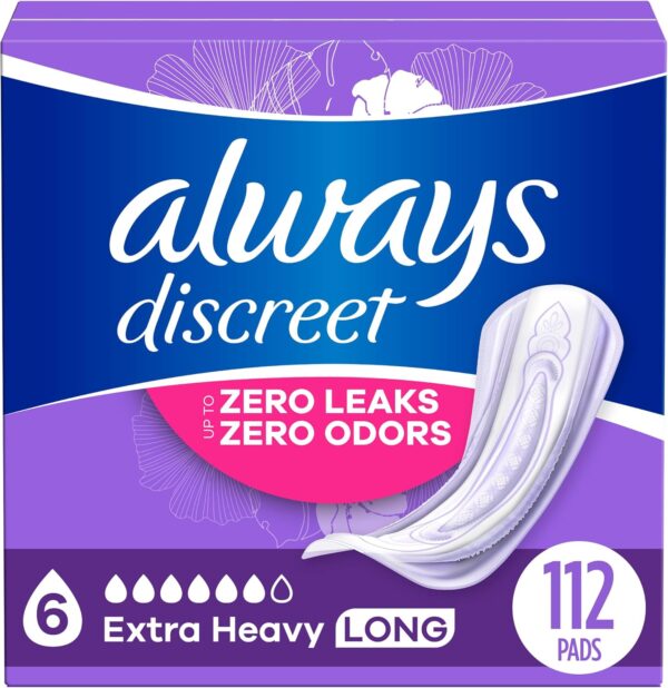 Always Discreet Adult Incontinence Pads for Women, Extra Heavy Absorbency, Long Length, Postpartum Pads, 112 CT