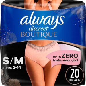 Always Discreet Boutique Adult Incontinence & Postpartum Underwear For Women, High-Rise, Size Small/Medium, Rosy, Maximum Absorbency, Disposable, 20 Count (Packaging May Vary)