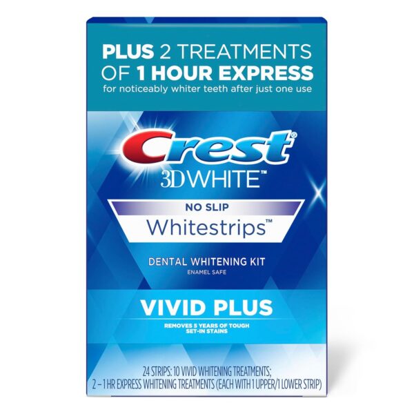 Crest 3DWhitestrips Vivid Plus 10 Treatments + 1 Hour Express 2 Treatments Teeth Whitening Kit, 8 Levels Whiter