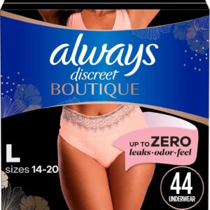 Always Discreet Boutique Incontinence and Postpartum Underwear for Women, Maximum Protection, L, Rosy, 44 Count