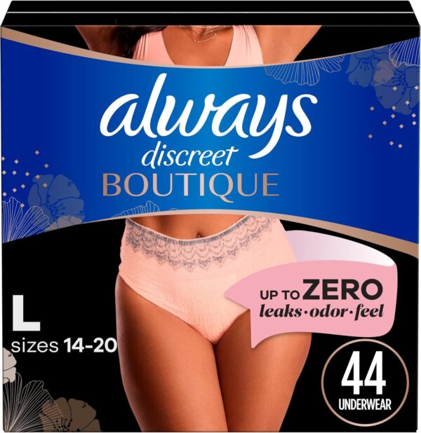 Always Discreet Boutique Incontinence and Postpartum Underwear for Women, Maximum Protection, L, Rosy, 44 Count