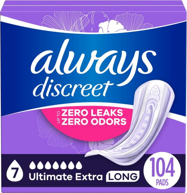 Always Discreet Adult Incontinence Pads for Women, Ultimate Extra Protect Absorbency, Long Length, Postpartum Pads, 104 CT