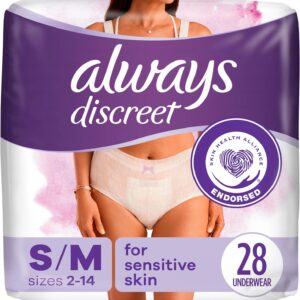 Always Discreet Sensitive, Incontinence & Postpartum Underwear for Women, Maximum Plus Protection, Small/Medium, 28 Count