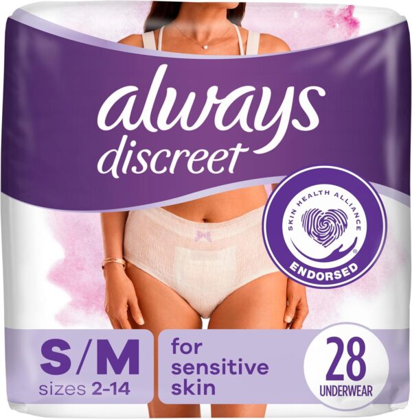 Always Discreet Sensitive, Incontinence & Postpartum Underwear for Women, Maximum Plus Protection, Small/Medium, 28 Count