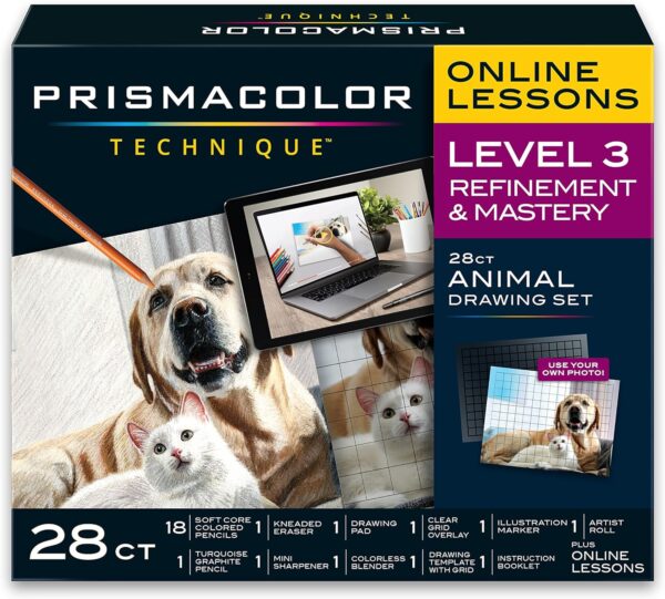 Prismacolor Technique, Art Supplies and Digital Art Lessons, Animal Drawings Set, Level 3, Includes Artist Roll Case, Dog, Cat & Pet Lesson, 28 Count