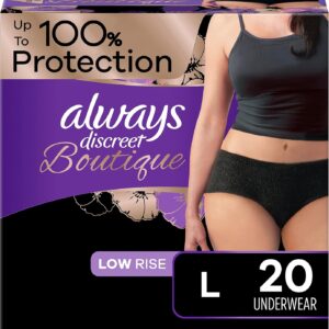 Always Discreet Boutique Adult Incontinence & Postpartum Underwear For Women, Low-Rise, Size Large, Black, Maximum Absorbency, Disposable, 20 Count...