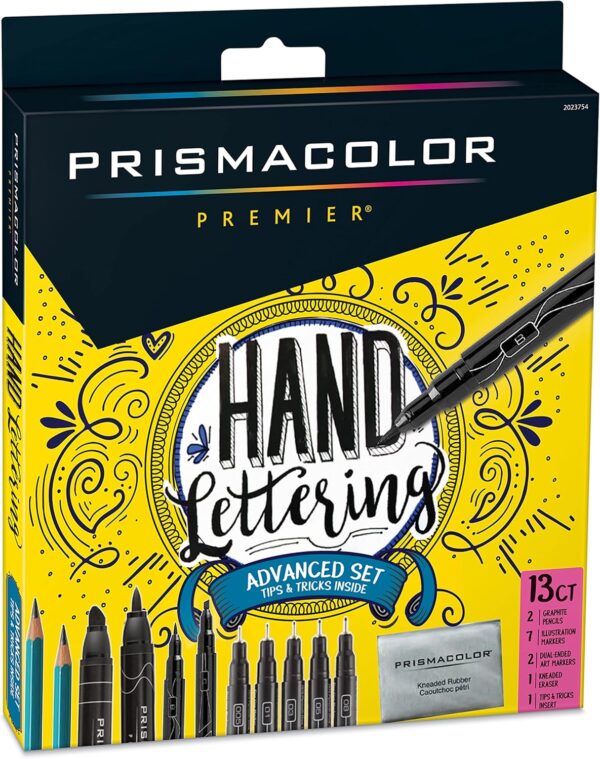 Prismacolor Premier Advanced Hand Lettering Set With Illustration Markers, Art Pens, Pencils, Eraser And Tips Pamphlet, Adult Coloring, 13 Count