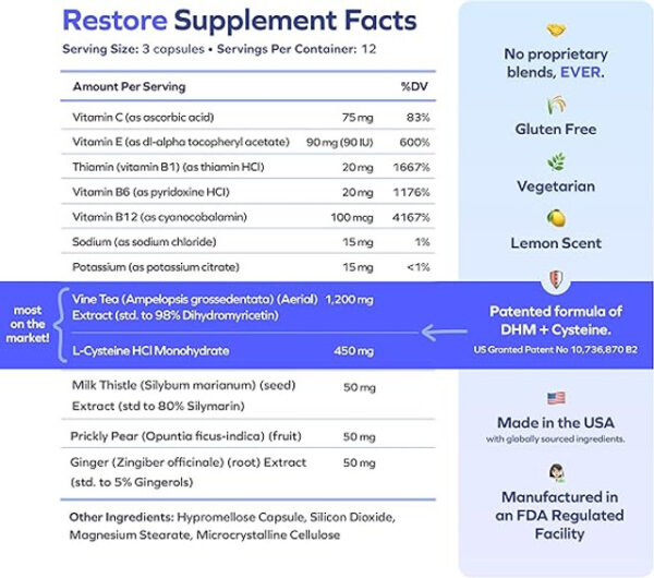 Cheers Restore | Supplement with DHM + L-Cysteine | Feel Better After Drinking & Support Your Liver | 12 Doses | Dihydromyricetin, Cysteine, Prickly Pear, B-Vitamins, Ginger - Image 5