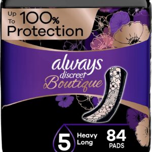 Always Discreet Boutique Adult Incontinence & Postpartum Pads For Women, Size 5, Heavy Absorbency, Regular Length, 28 Count x 3 Packs (84 Count total)...