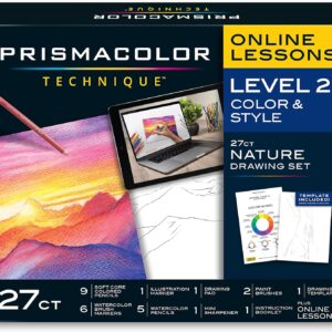 Prismacolor Technique, Art Supplies and Digital Art Lessons, Nature Drawing Set, Level 2, Watercolor Pencils, Brush Markers, and More, Sunset Landscape Drawing, 27 Count