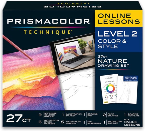 Prismacolor Technique, Art Supplies and Digital Art Lessons, Nature Drawing Set, Level 2, Watercolor Pencils, Brush Markers, and More, Sunset Landscape Drawing, 27 Count