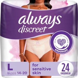 Always Discreet Sensitive, Incontinence & Postpartum Underwear for Women, Maximum Plus Protection, Large, 24 Count (Packaging May Vary)