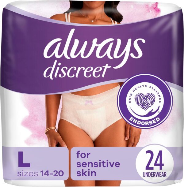 Always Discreet Sensitive, Incontinence & Postpartum Underwear for Women, Maximum Plus Protection, Large, 24 Count (Packaging May Vary)