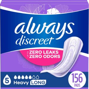 Always Discreet Adult Incontinence Pads for Women, Heavy Absorbency, Long Length, Postpartum Pads, 156 CT