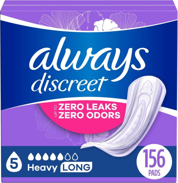 Always Discreet Adult Incontinence Pads for Women, Heavy Absorbency, Long Length, Postpartum Pads, 156 CT