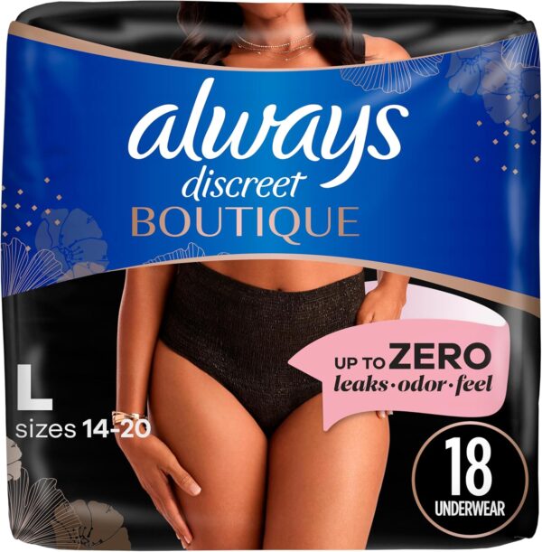 Always Discreet Boutique Incontinence and Postpartum Underwear for Women, Maximum Protection, L, Black, 18 Count (Packaging May Vary)