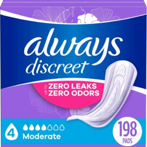 Always Discreet Adult Incontinence Pads for Women, Moderate Absorbency, Regular Length, Postpartum Pads, 198 CT