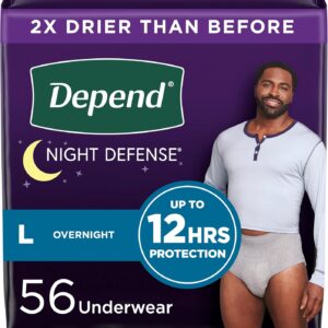 Depend Night Defense Adult Incontinence Underwear for Men, Disposable, Overnight, Large, Grey, 56 Count (4 Packs of 14), Packaging May Vary