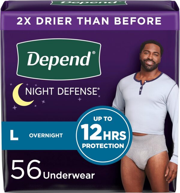 Depend Night Defense Adult Incontinence Underwear for Men, Disposable, Overnight, Large, Grey, 56 Count (4 Packs of 14), Packaging May Vary