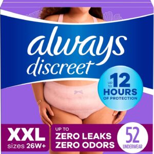 Always Discreet Adult Incontinence Underwear for Women and Postpartum Underwear, XXL, Up to 100%* Bladder Leak Protection, 52 CT,