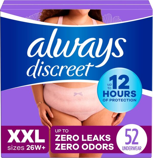 Always Discreet Adult Incontinence Underwear for Women and Postpartum Underwear, XXL, Up to 100%* Bladder Leak Protection, 52 CT,