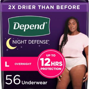 Depend Night Defense Adult Incontinence & Postpartum Bladder Leak Underwear for Women, Disposable, Overnight, Large, Blush, 56 Count (4 Packs of 14), Packaging May Vary