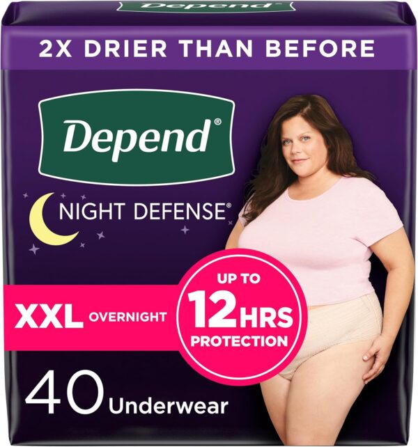 Depend Night Defense Adult Incontinence & Postpartum Bladder Leak Underwear for Women, Disposable, Overnight, Extra-Extra-Large, Blush, 40 Count (4 Packs of 10), Packaging May Vary