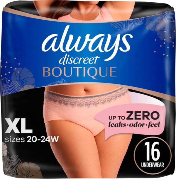 Always Discreet Boutique Adult Incontinence and Postpartum Underwear for Women, Maximum Protection, XL, Rosy, 16 Count (Packaging May Vary)